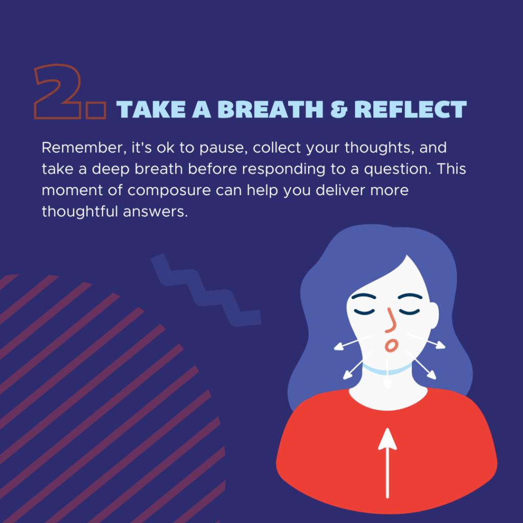 Remember, it's ok to pause, collect your thoughts, and take a deep breath before responding to a question. This moment of composure can help you deliver more thoughtful answers.